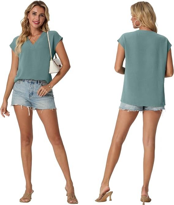 Green V-Neck Cap Sleeve Blouse
